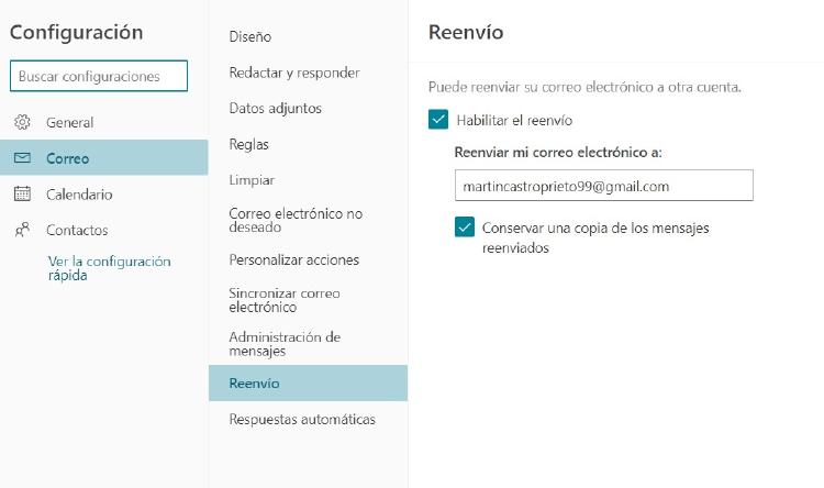 configuración reenvío outlook configuración reenvío outlook