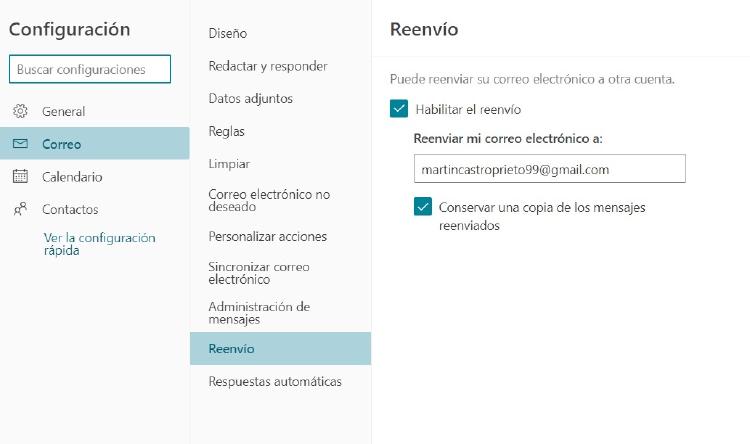 configuración reenvío outlook