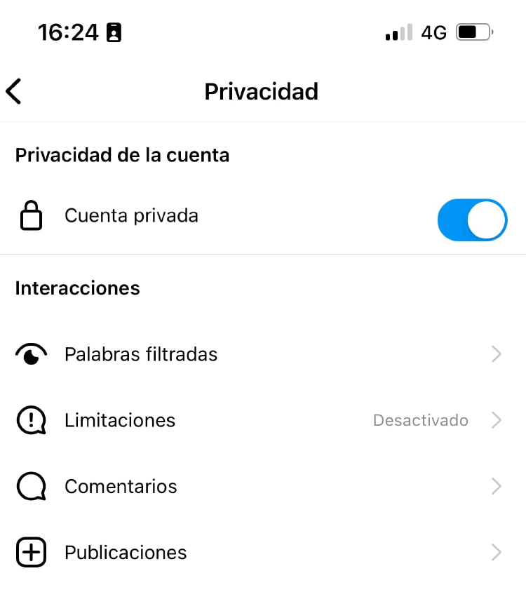 Menú cuenta privada instagram