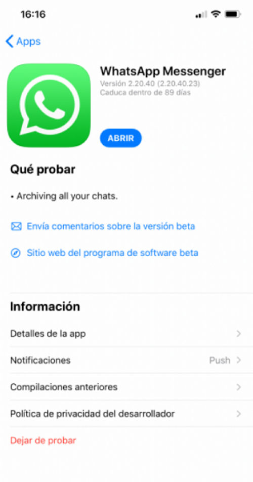 versión beta de WhatsApp