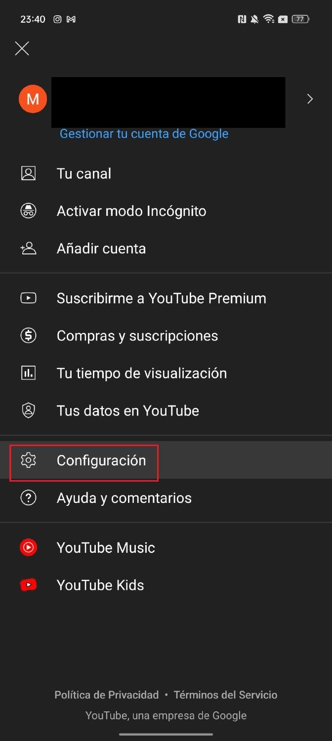 configuración Youtube Android