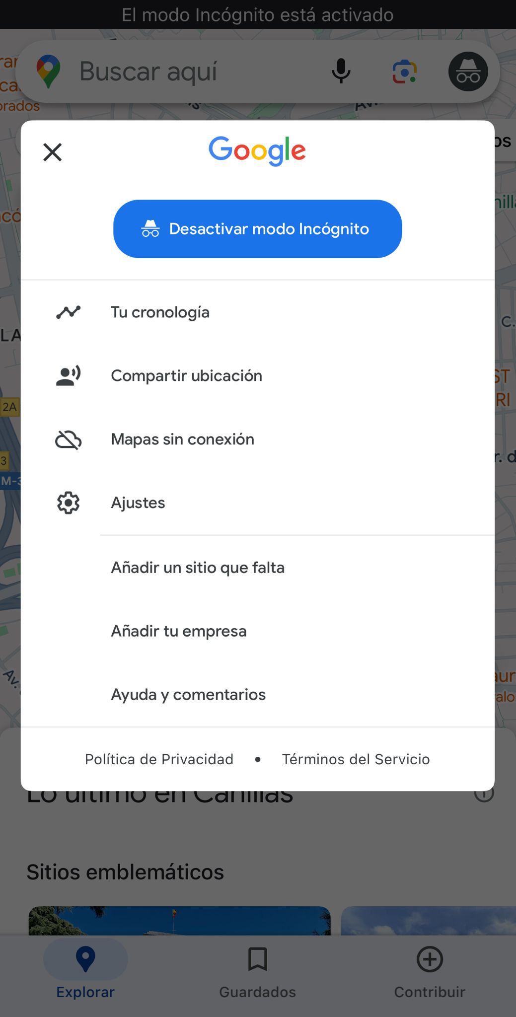 Modo incógnito Google Maps