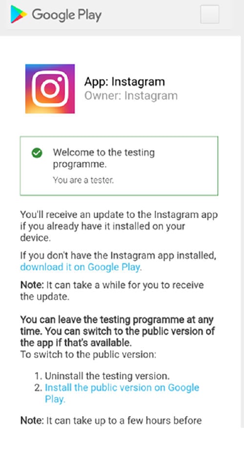 beta tester Instagram Android