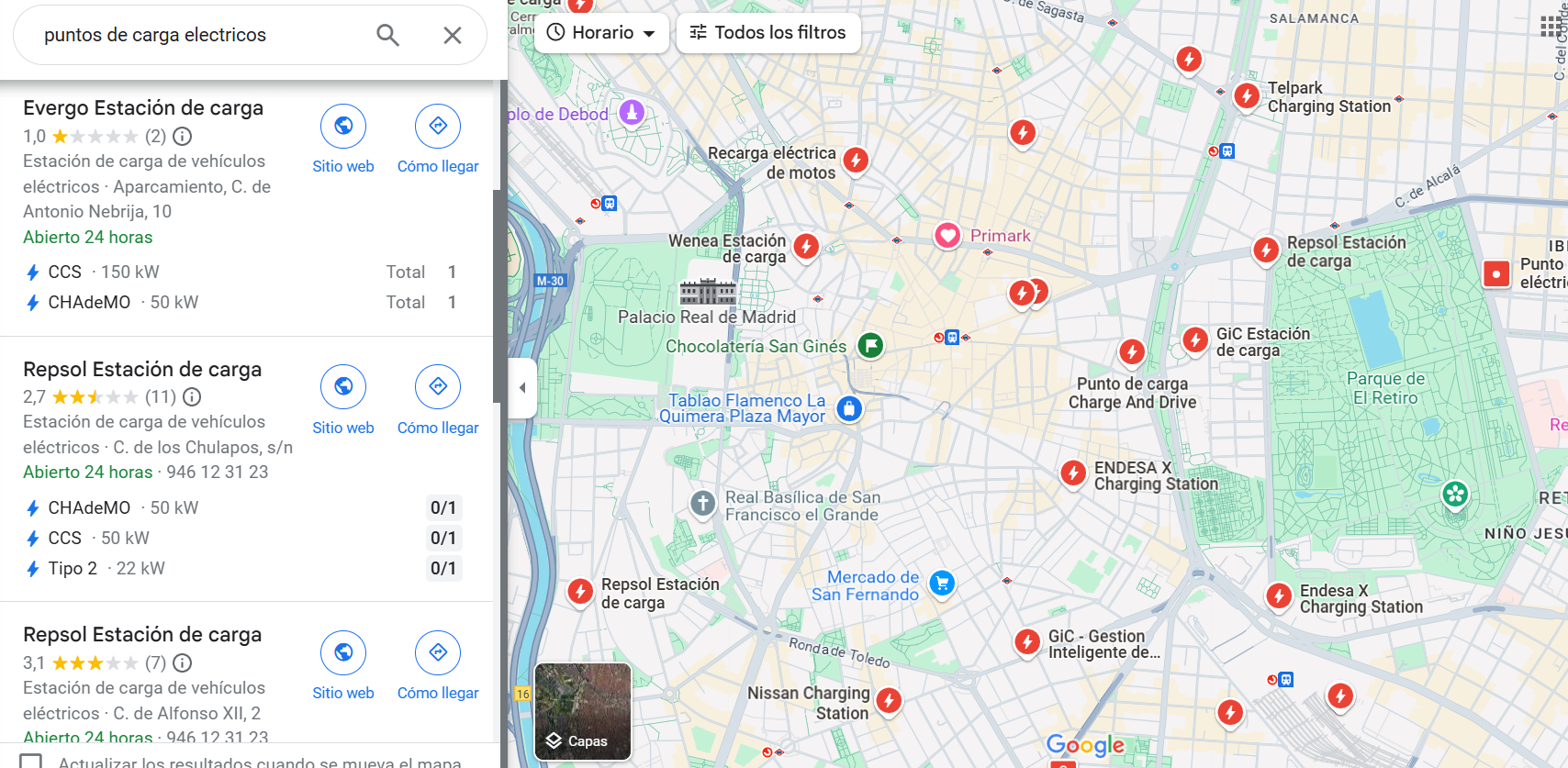 Cargadores coche eléctrico google maps