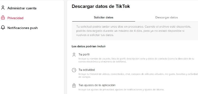 descarga datos tiktok