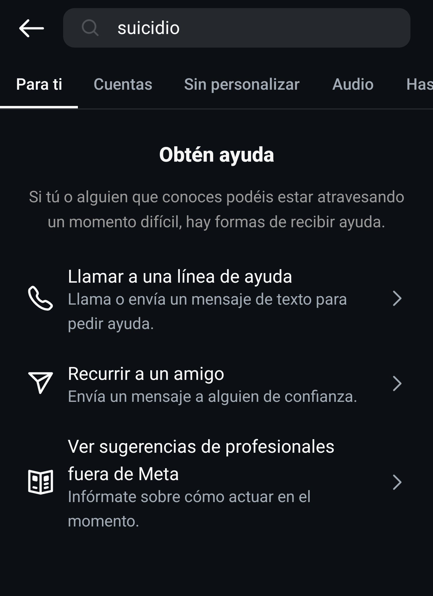 mensaje seguridad instagram thrive suicidio