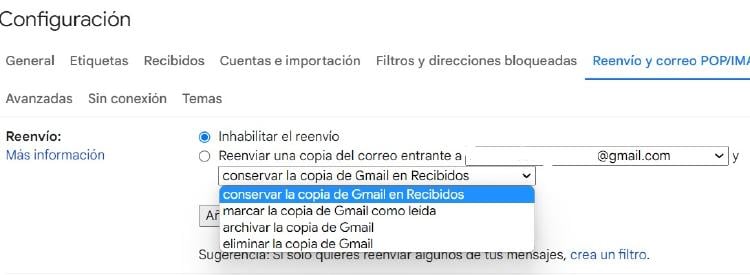 reenviar gmail opciones