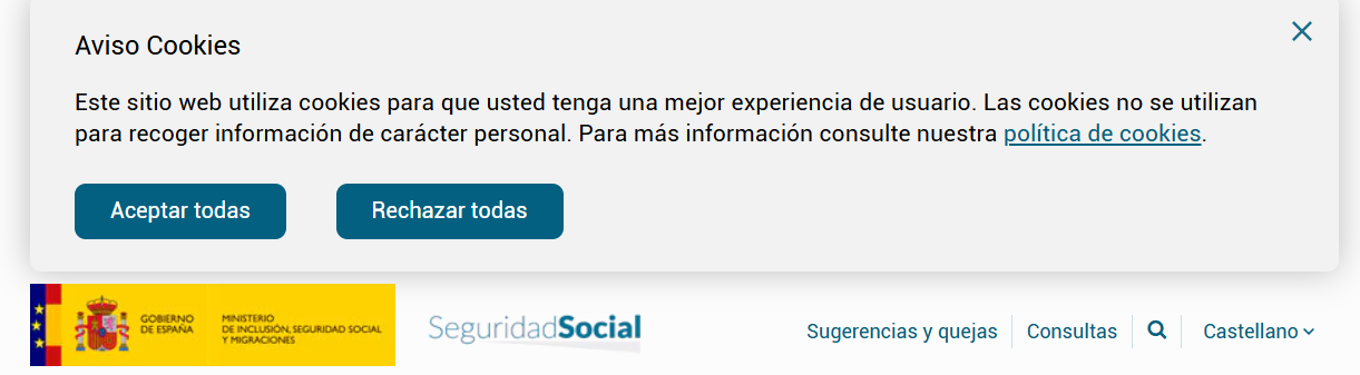 Aviso Cookies seguridad social web